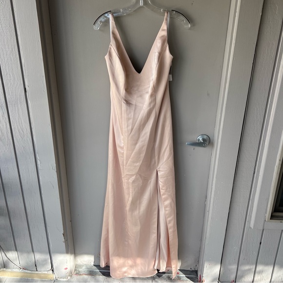 DRAPED COWL-BACK PRINCESS LINE DRESS WITH FRONT SLIT IN CAMEO - Picture 2 of 11